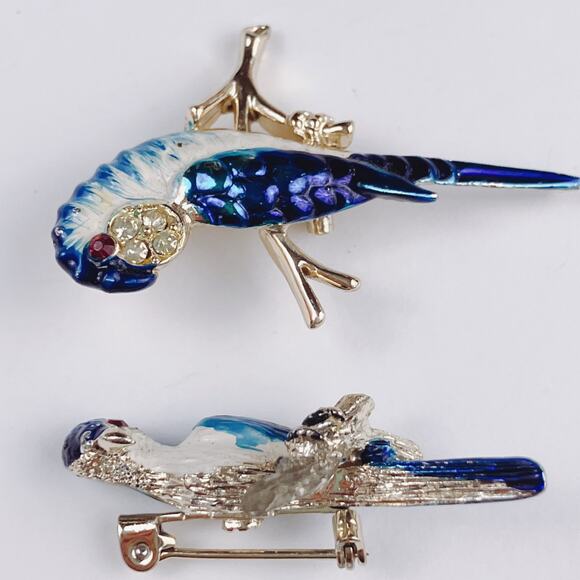 VTG Enamel Blue Bird Brooch Pair 1980s 1990s Gold Tone Rhinestone Figural Pins - Picture 9 of 11